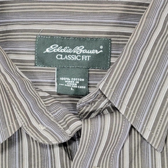 Eddie Bauer Classic Fit Button Up Shirt Mens L Gray Striped Long Sleeve Cotton - Picture 2 of 10